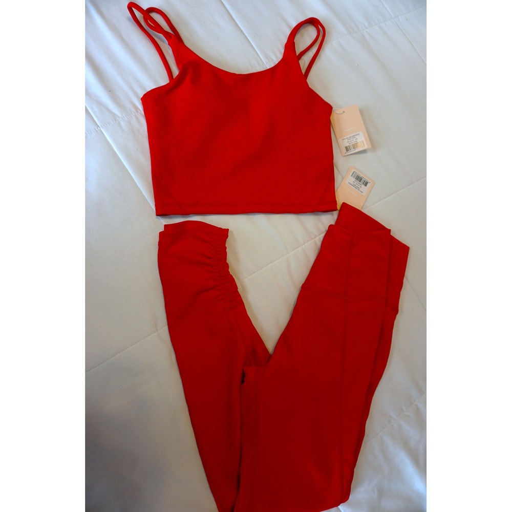Wilo The Label Fire Red Ribbed Activewear Set XS Tank Top and Ruched Leggings - Picture 3 of 9